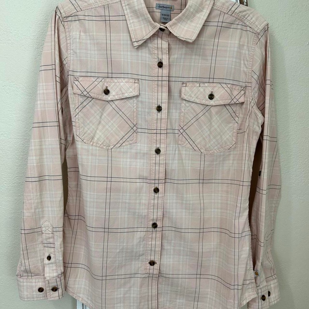 Carhartt Women's Pink Plaid Button Up Shirt M (8/10) Roll Tab Pockets Cotton